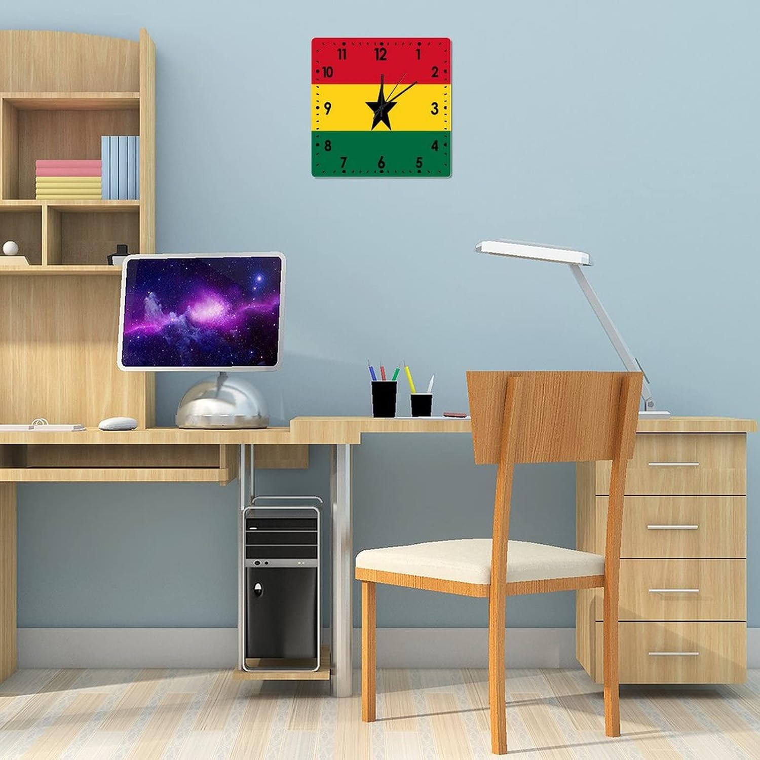 Square Clock Ghana Flag Wall Clock 10 Inch, Silent Non-Ticking Clock, Battery Operated Accurate PVC Wall Clock Decorations for Farmhouse Home Office, Made in USA