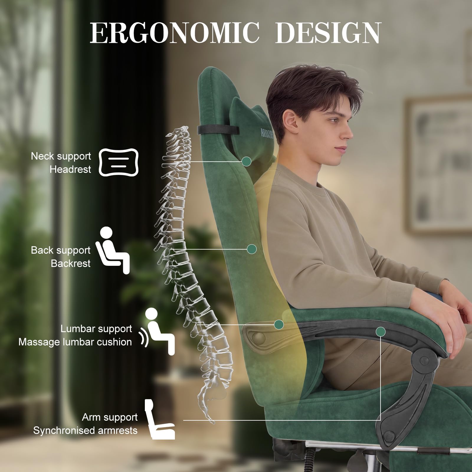 Verdego Chaise Gaming Ergonomique, Fauteuil Gaming avec Support Lombaire Massante, Repose-Pieds Télescopique, Appui-Tête, Tissu Velours, Inclinable 125°, Chaise Gamer Réglable en Hauteur (Vert)
