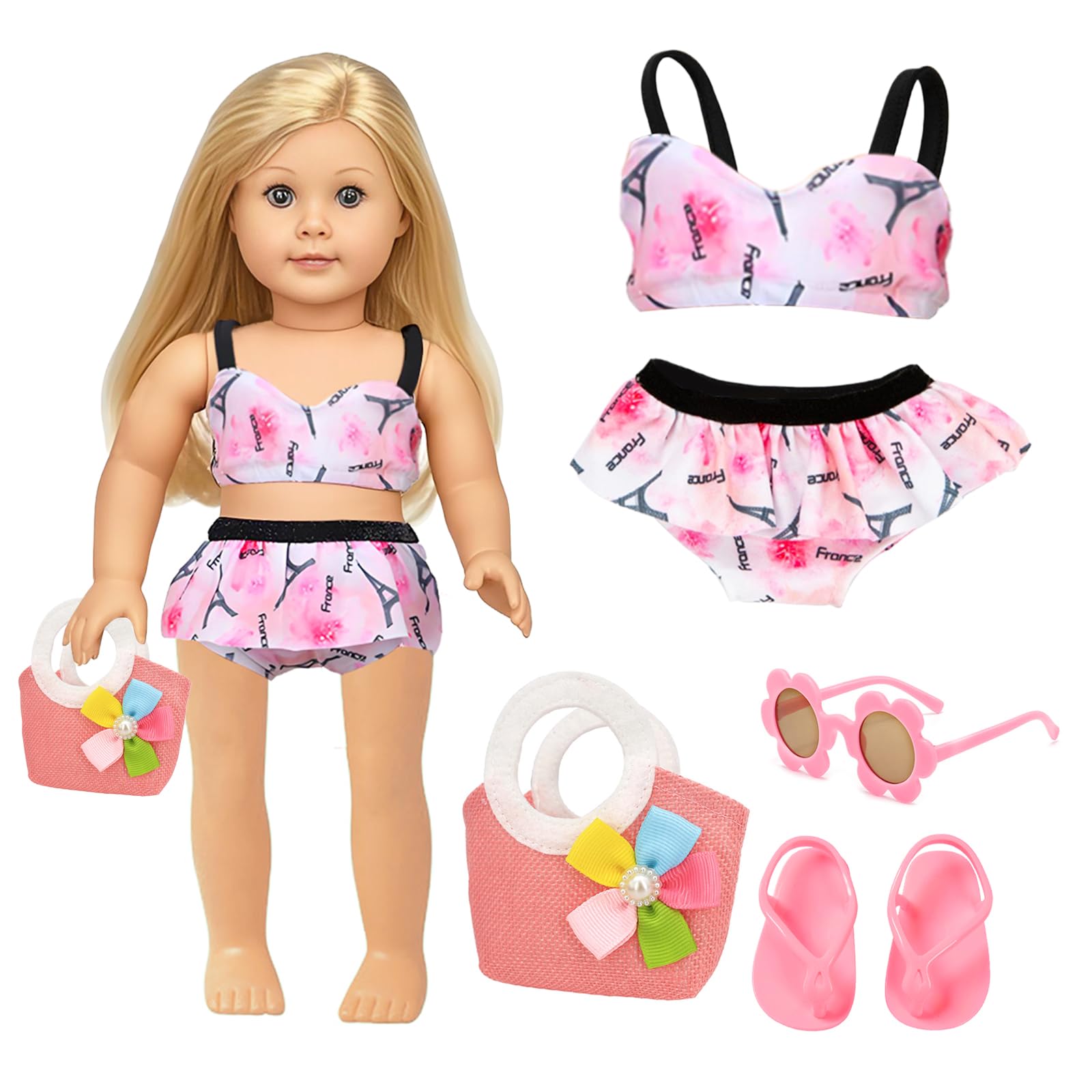 Set De Maillot De Bain Pour Poupée – Tenue Piscine, Lunettes De Soleil, Tongs, Sac Rose, Pour Poupée 35-45 Cm, Dès 3 Ans