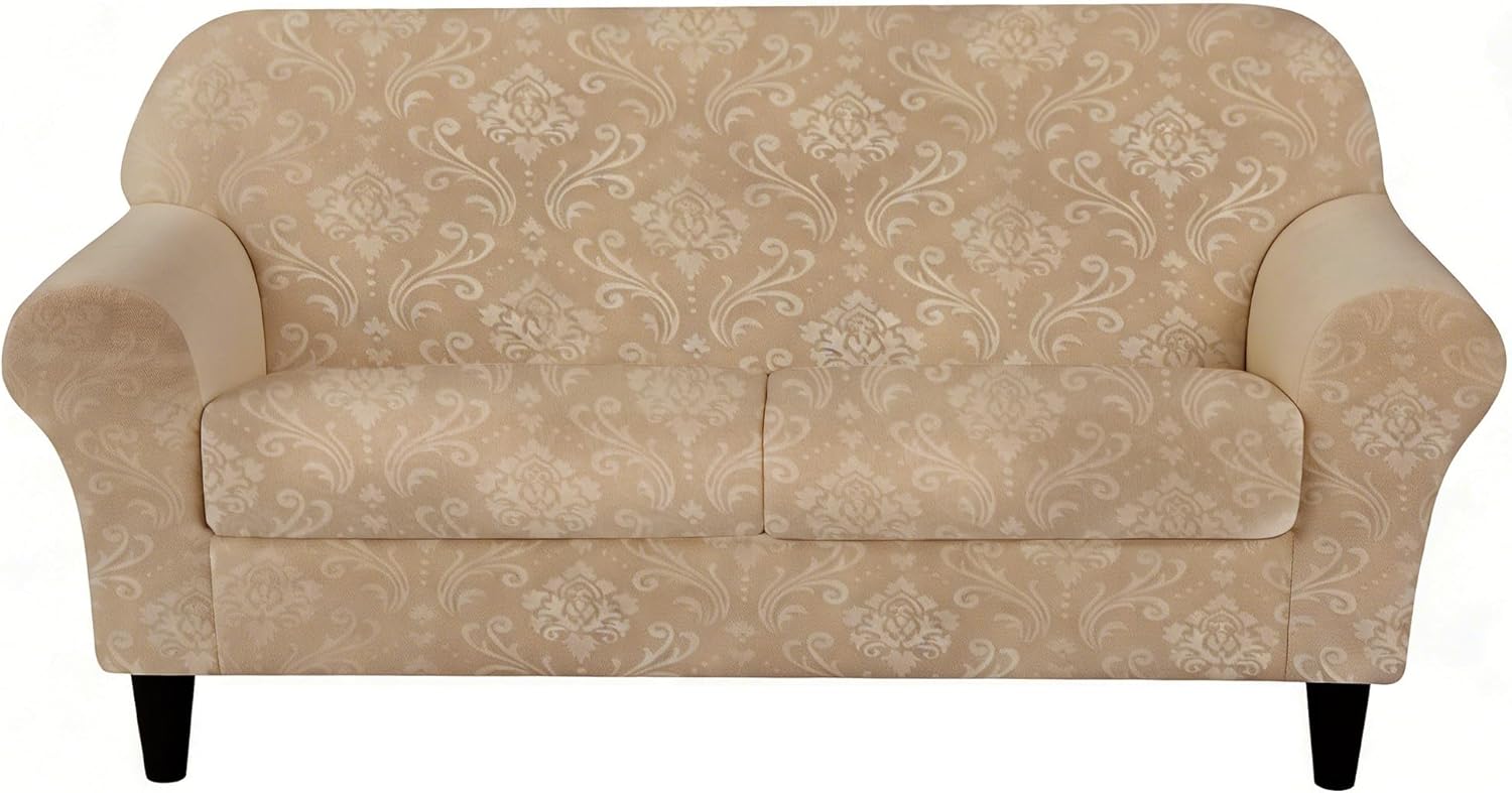 3 Pieces Sofa Covers for 2 Cushion Couch Velvet Embossing Camel Stretch Loveseat Couch Slipcovers with 2 Cushions Washable