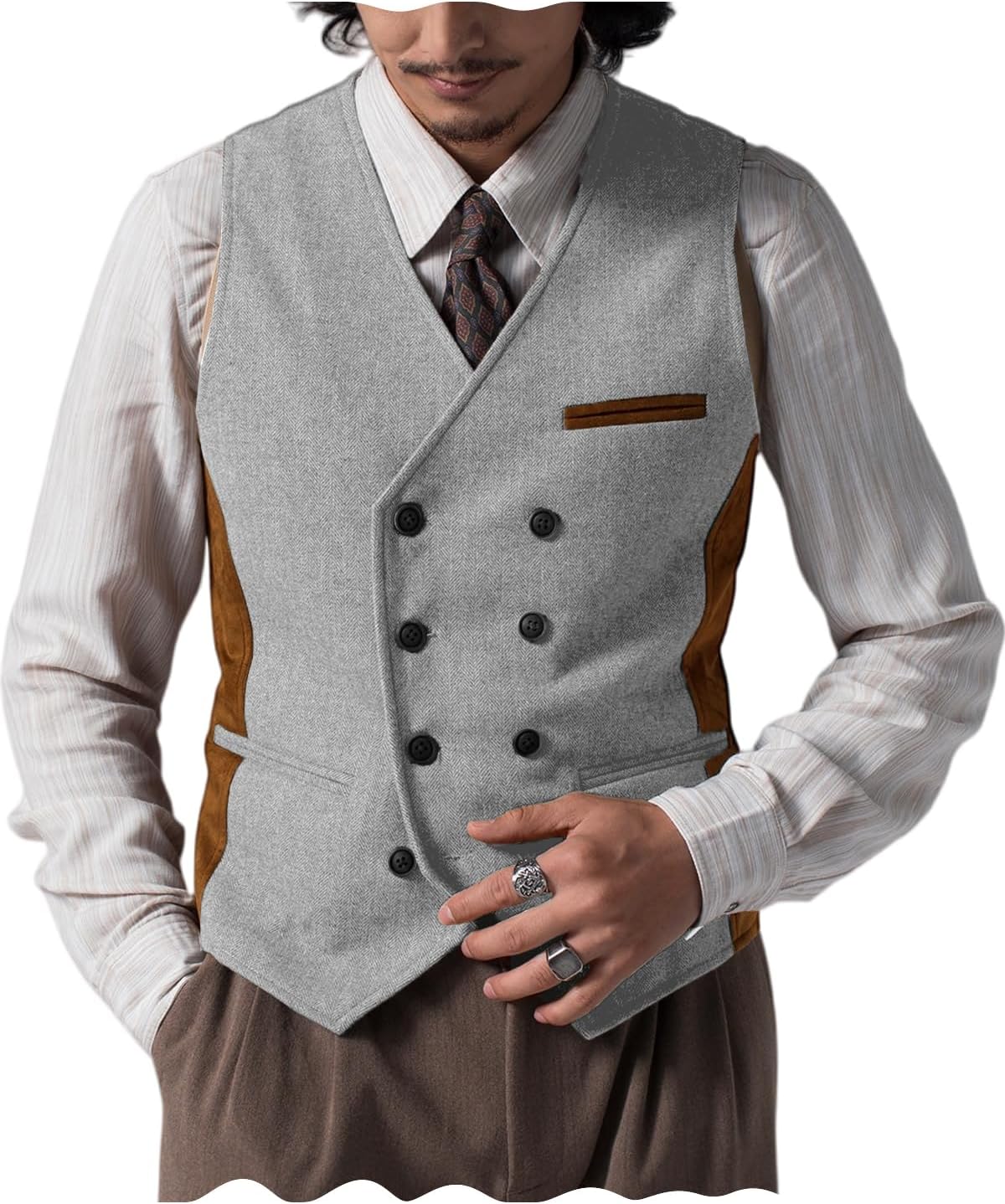 Men's Suit Vest Tweed Herringbone Patches Suede Waistcoat Western Sleeveless Jacket with Pockets Formal Casual