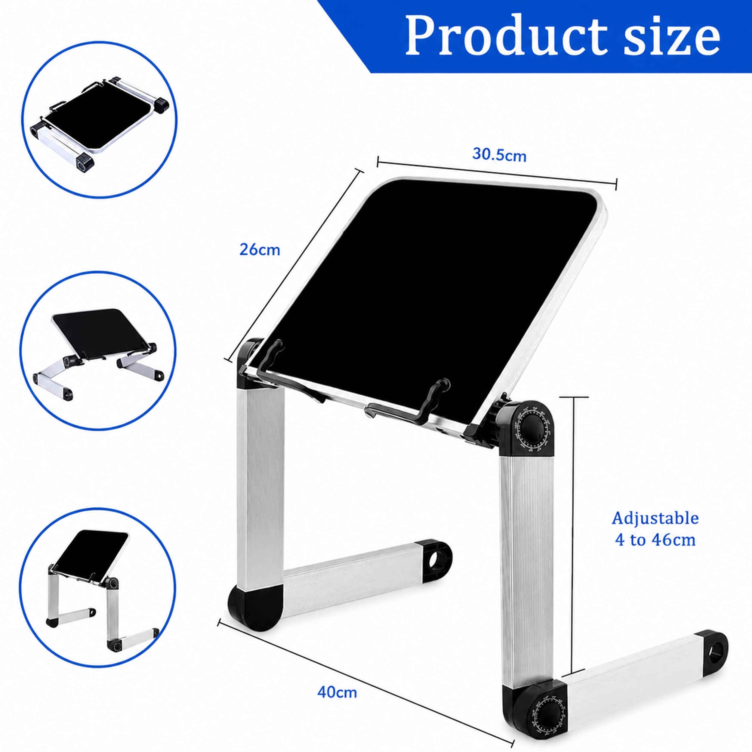 Support Livre - Hauteur Réglable Porte Livre avec Bras en Aluminium Durables, Repose Livre Pupitre de Lecture pour Couvertures Rigides épaisses, Recettes, Ordinateur et iPad