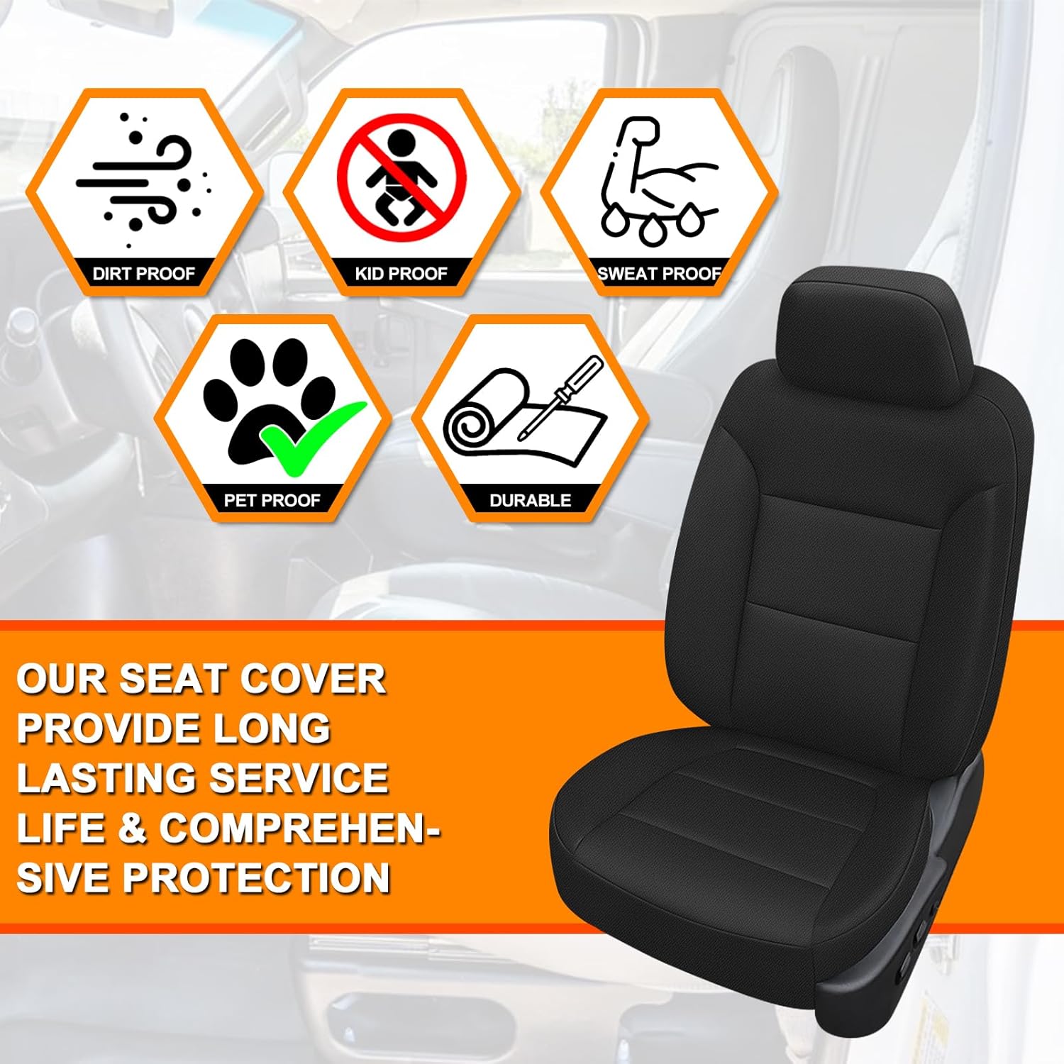 Front & Rear Seat Cover Compatible with 2019-2025 Chevy Silverado/GMC Sierra 1500 with Rear Seat Storage & Cup Holder, Heavy Duty Kinitted Fabric