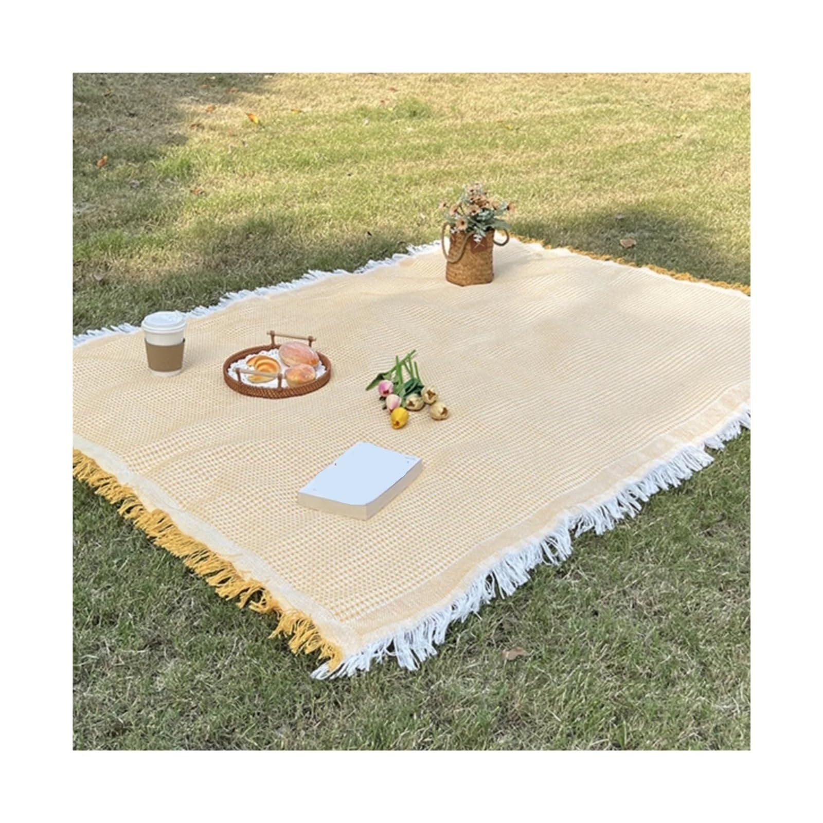 Przenośny koc piknikowy z frędzlami, duży, 180 x 230 cm, mata outdoorowa, na kemping, plażę, ogród, podróż, wszechstronny obrus i narzuta na łóżko, kolor biały