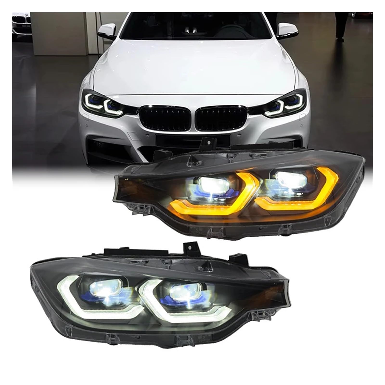 1 Coppia di fari Anteriori per BMW Serie 3 F30 F35 320i 328i 335i 2013-2018, luci diurne a LED (DRL) Ambra con indicatori di direzione, Accessori per Auto (Sostituzione di 2 fari).