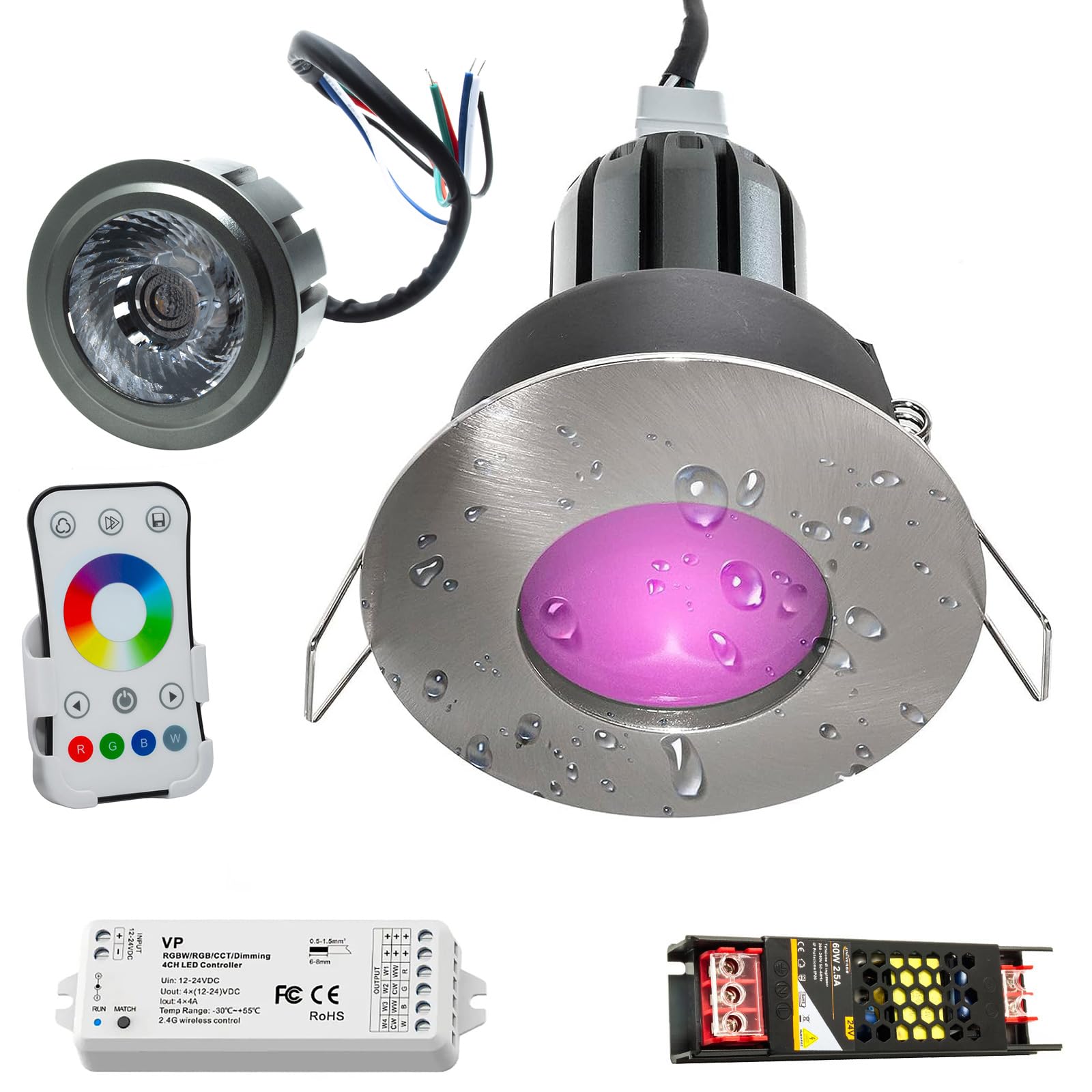 Kit de 3 spots LED encastrables chromothérapie 8 effets lumière box douche IP65 RGB 12 V Silver Spazzolato