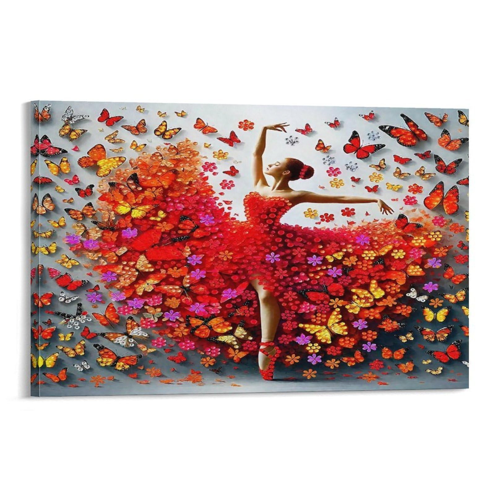 CPLVKWRQJ Ballerina Fairy in Cosmic Dance Single Ballerina Dress Made of Flowers Framed Canvas Wall Art - Living Room Gallery Wall Statement Piece Fade Resistant Decor 20x30inch(50x75cm)
