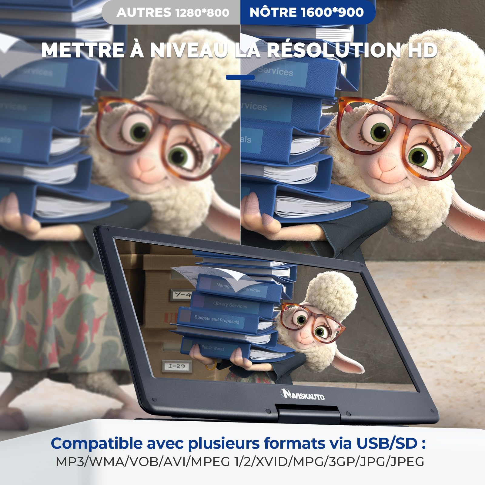 NAVISKAUTO 17,5'Lecteur DVD Portable Voiture, supporte HDMI Input, 1080P Vidéo Full HD, AV in/Out, Lecteur DVD Portable avec Sacoche de Transport Grand Ecran pour Enfant