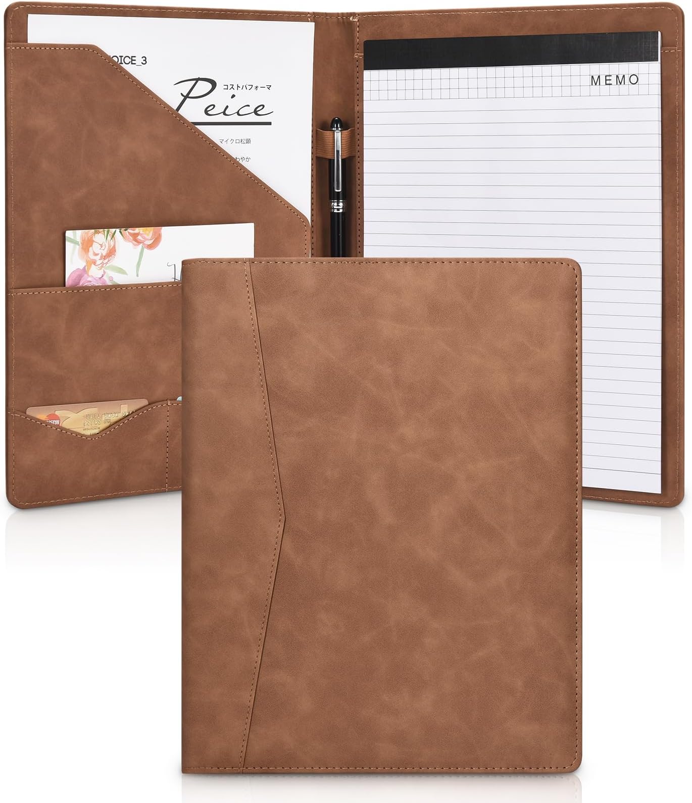 Pacific Mailer Padfolio Portfolio Leather Binder, Interview Legal Document Organizer, Business Card Holder Included Letter Sized Writing Pad [Brown, Piano Noir Faux Leather Matte Finish]
