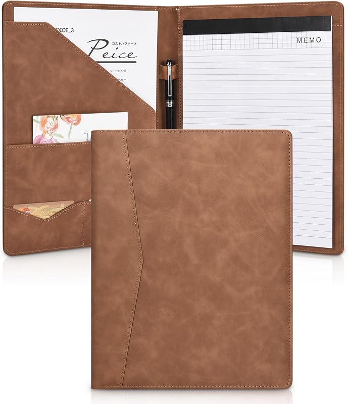 Padfolio Portfolio Leather Binder, Interview Legal Document Organizer, Business Card Holder Included Letter Sized Writing Pad [Brown, Piano Noir Faux Leather Matte Finish]