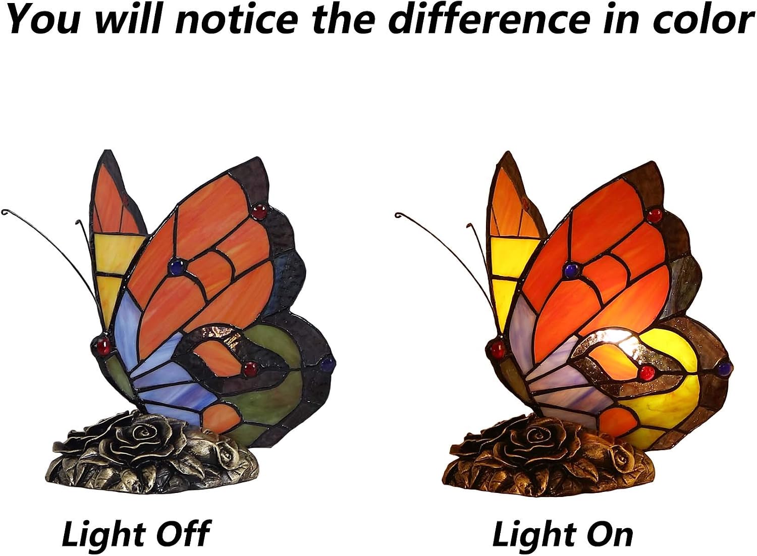 Bieye L10038 Butterfly Tiffany Style Stained Glass Accent Table Lamp Night Light, 9 inches Tall
