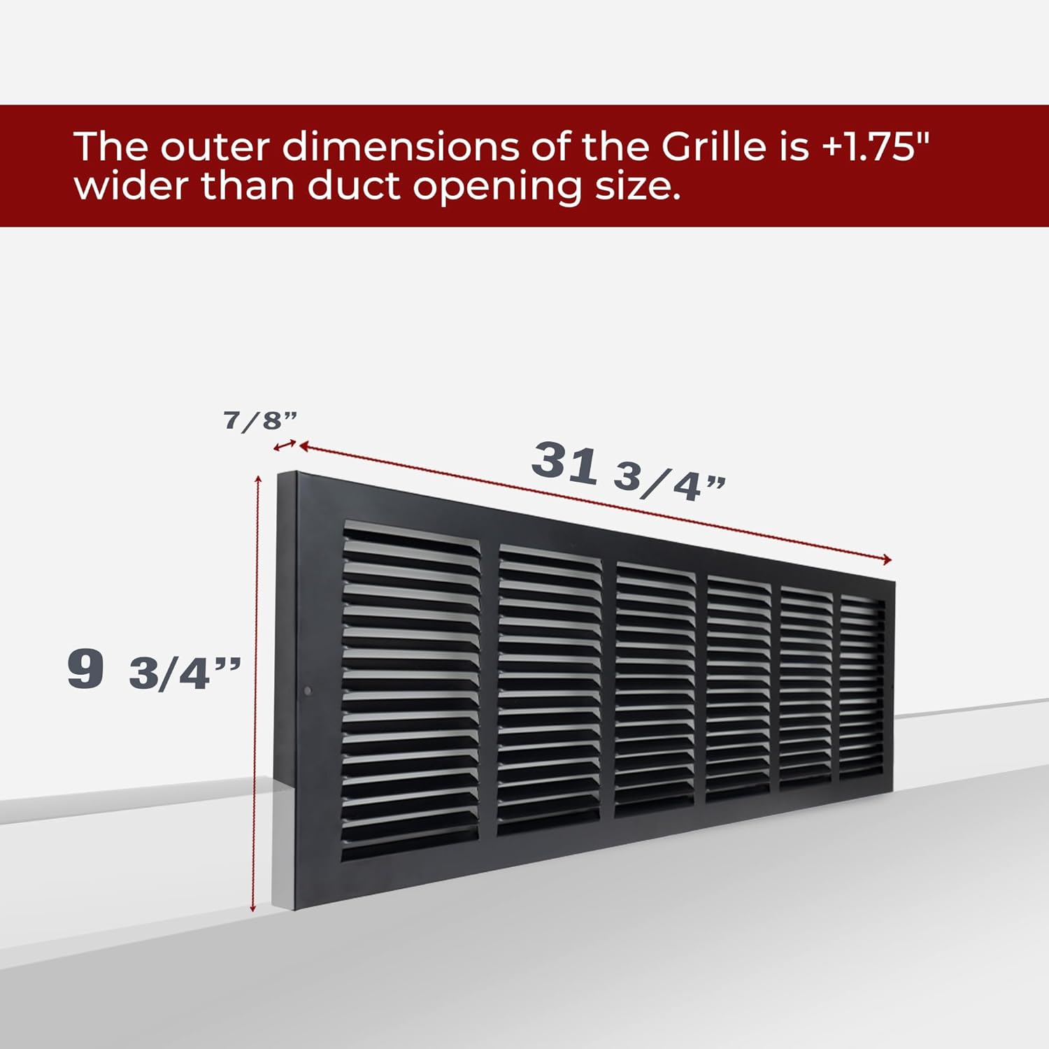 Fits 30x8 Duct Opening | Steel Baseboard Return Air Grille by Handua | Vent Cover Grill | 7/8" Margin Turnback [Depth] to Fit Baseboard | Black | Outer Dimensions: 31.75"W X 9.75 "H