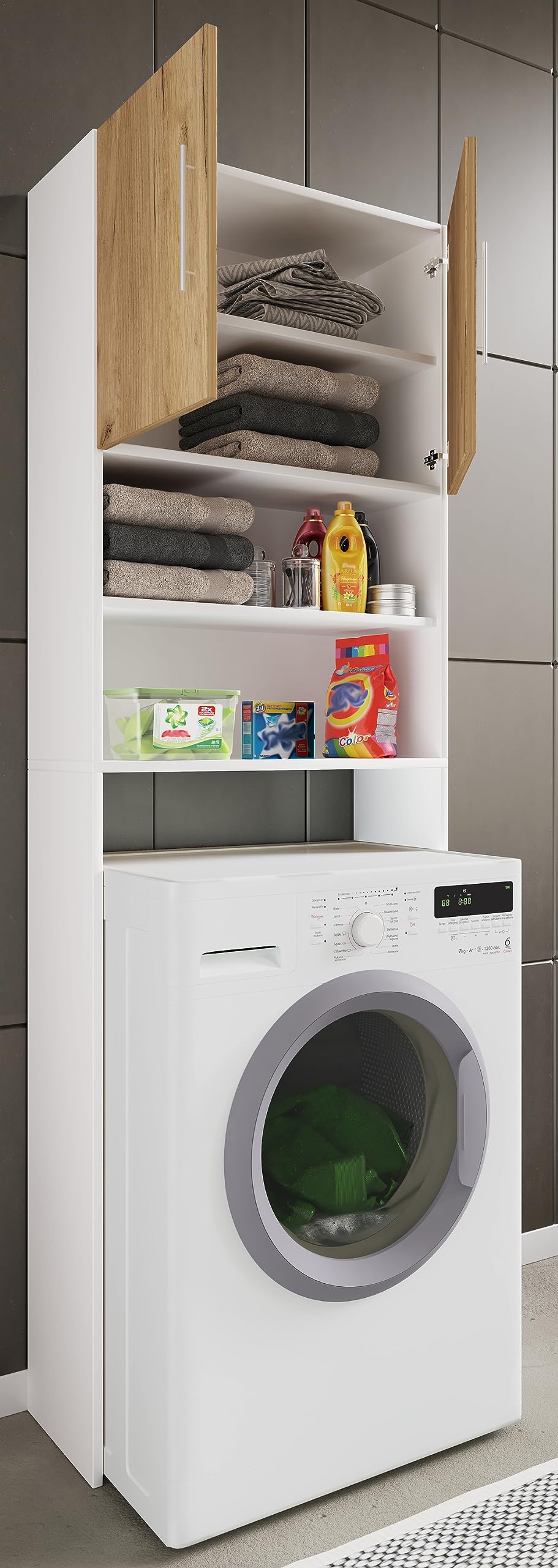 VCM Meuble buanderie Machine à Laver, Armoire pour Machine à Laver, Meuble au Dessus Machine a Laver Armoire en Bois pour Machine à Laver Armoire pour Machine à Laver Jutas Blanc/Chêne Miel