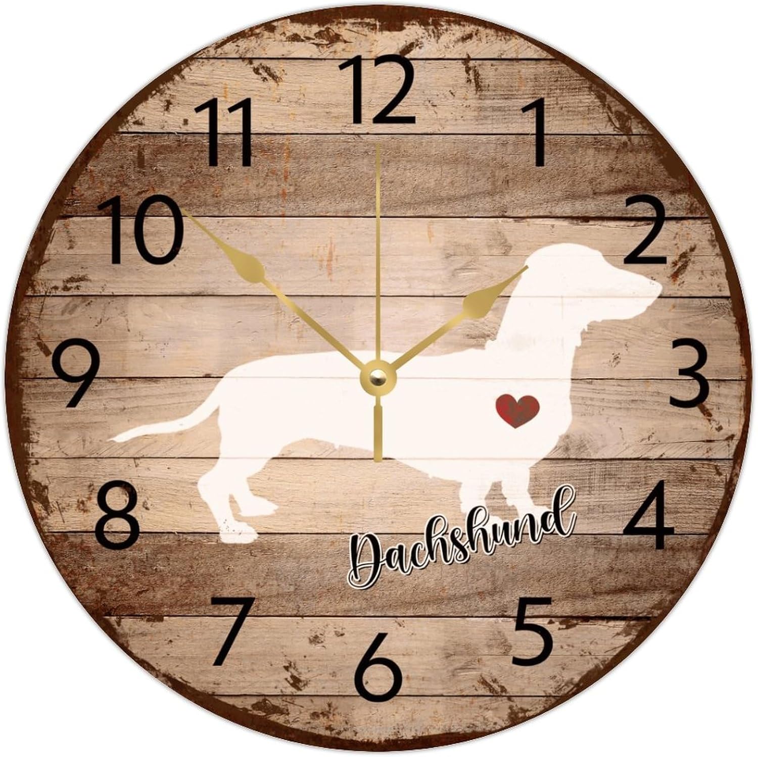 Wooden Wall Clock Analog Round Non-Ticking Dachshund Country Wall Clocks Doodle Pet Silhouette Cat Home Decor for Restroom Living Room Conference Room 12 Inch