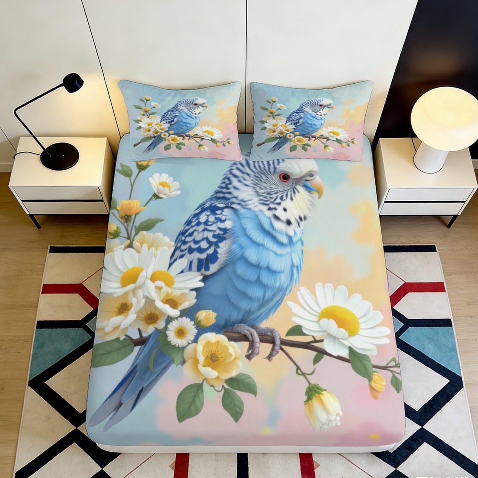 3D Printed Parrot Floral Fitted Sheet Microfiber Deep Pocket Non-Slip Parrot Floral Mattress Fitted Cover for Bedroom 180x200x25cm