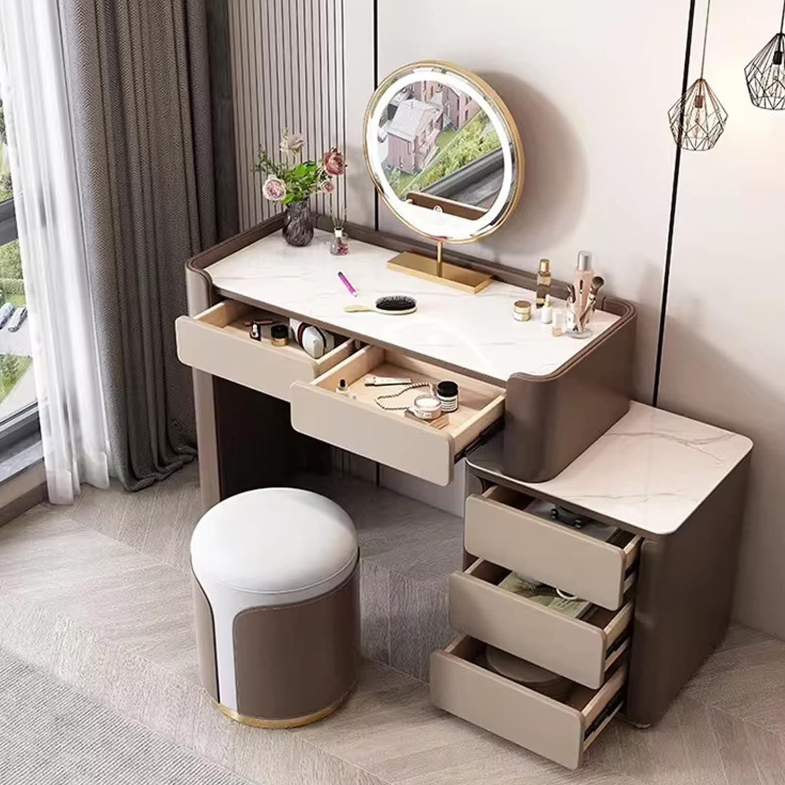 Sgabello Rotondo in Pelle, Poggiapiedi con Base in Oro, Sedia per Trucco Ottomana Rotonda, Sgabello per Manicure Moderno, Sgabello Poggiapiedi per Sala Trucco Soggiorno Camera da Letto,Arancia