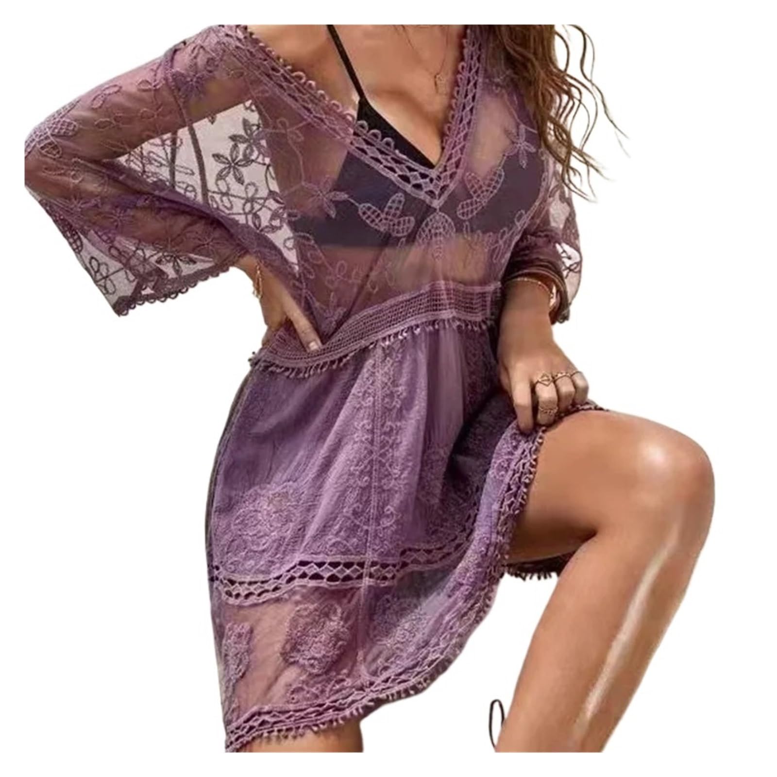 Bikini Cover Ups Maillots de Bain Femme Sexy Plage Couvrir col en v Femmes Plage Tunique Robe paréo Bikini Couvrir Haut en Crochet for Maillots de Bain Femme(Black)