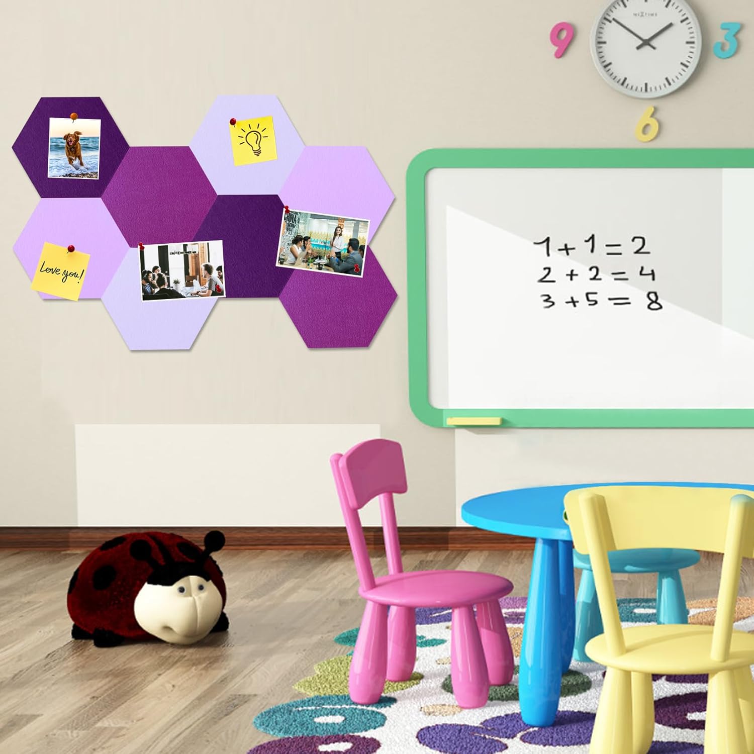 Large Hexagon Felt Cork Board Tiles, Self Adhesive DIY Felt Bulletin Board Pin Board with 35 Pushpins for Office School Home Wall Decor Stickers Memos Photos Display(Gradual Purple)