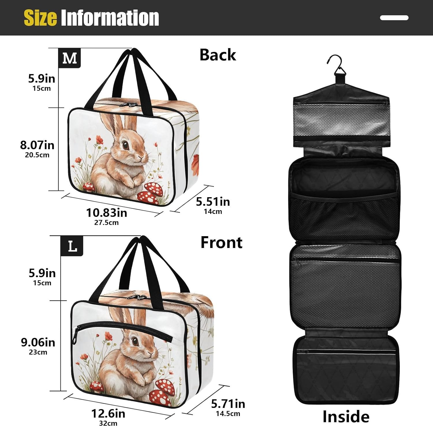 Funny Dwarf Rabbit White hanging toiletry kit for men with hook, designer expandable make up bag for travel accessories camping porta cosmeticos mujer para cartera L