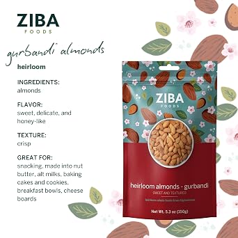 Ziba Foods Raw Almonds, Heirloom Gurbandi Nuts, High Protein Snack 5.3oz | No Added Oil or Sugar, Healthy Snack Nuts from Afghanistan, Non-GMO, Gluten-Free, Vegan, High Protein Snack