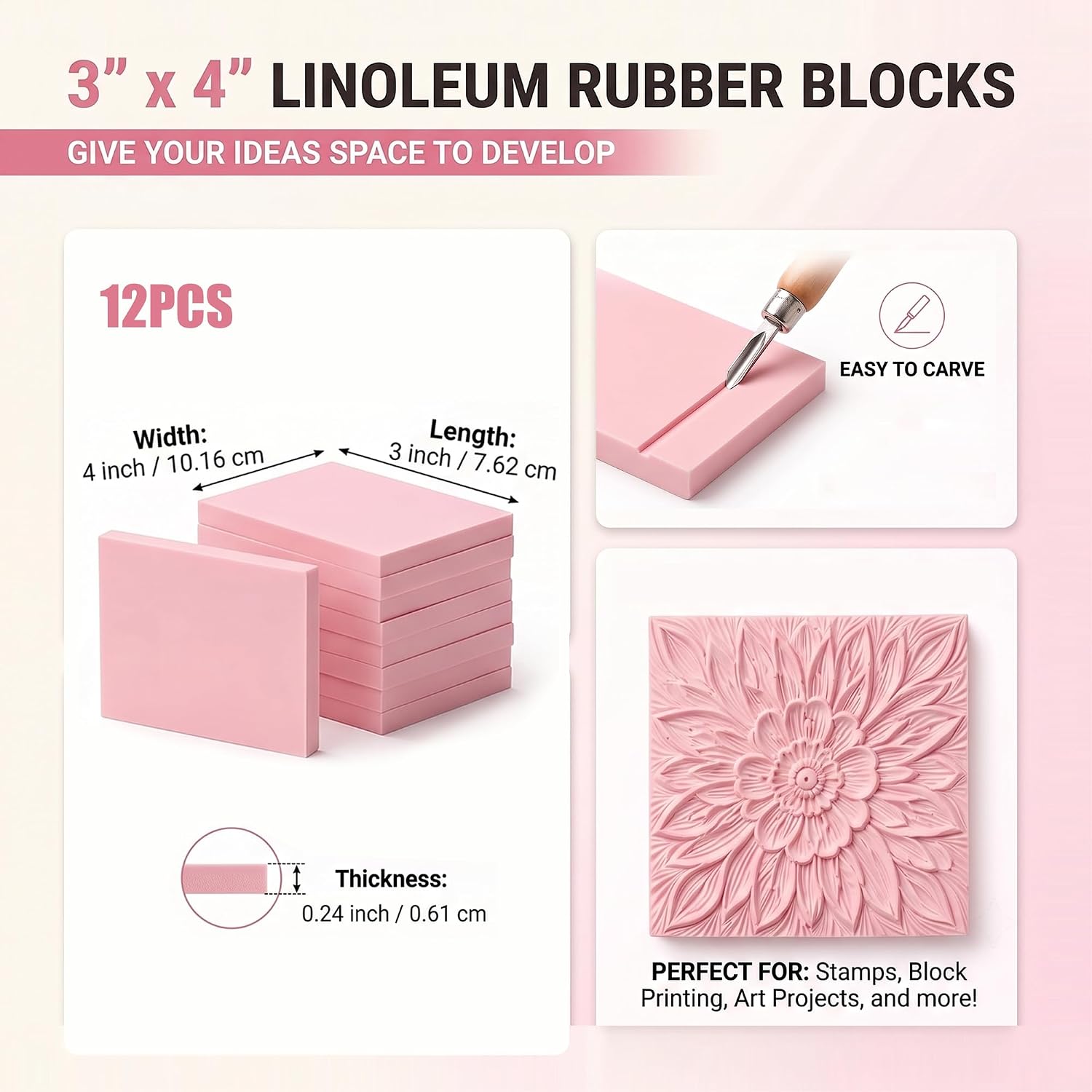 Linoleum Rubber Linocut Blocks 12-Pack 3x4in Printmaking Stamp Carving Premium printmaking Supplies: 12-Pack Soft 3x4in Pink Rubber Linoleum Blocks. Easy Carve Block Printing, Stamp Carving