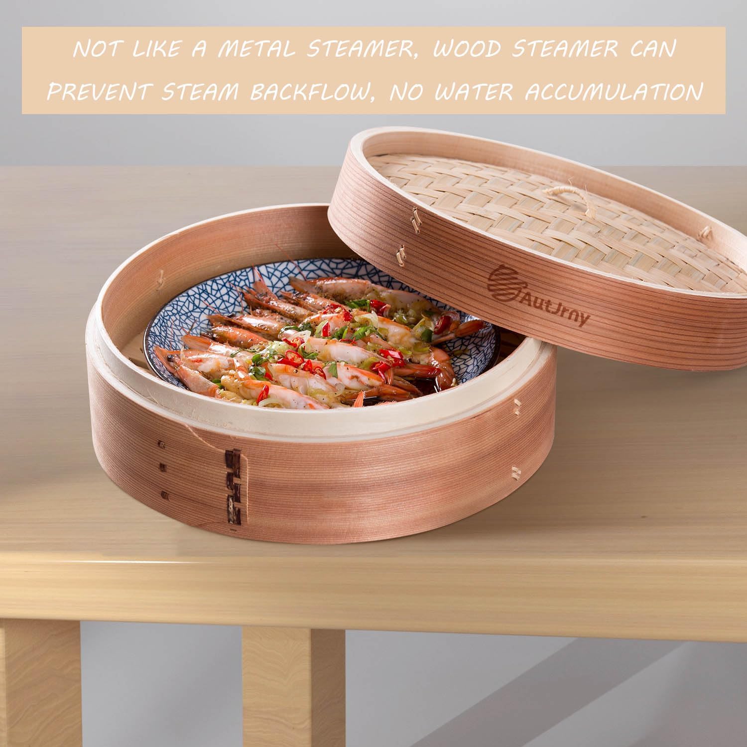 9.5-Inch Bamboo Wood Steamer Basket, 2-Tier Handmade Pot for Asian Cooking | 50 Liners, Sauce Dish & 2-Chopsticks | Steam Buns Dumplings Rice Vegetables Dim Sum