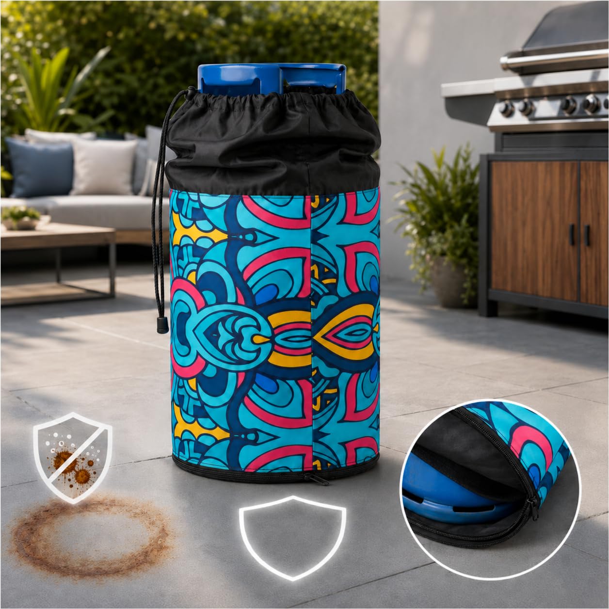 Gasflaschen Abdeckung 11 kg für Grill und Camping Gasflaschenhülle mit Kordelzug Reißverschluss stabilem Boden Vollabdeckung Wasserabweisend Winddicht Staubdicht für Garten Terrasse Balkon Lotos Sport & Freizeit