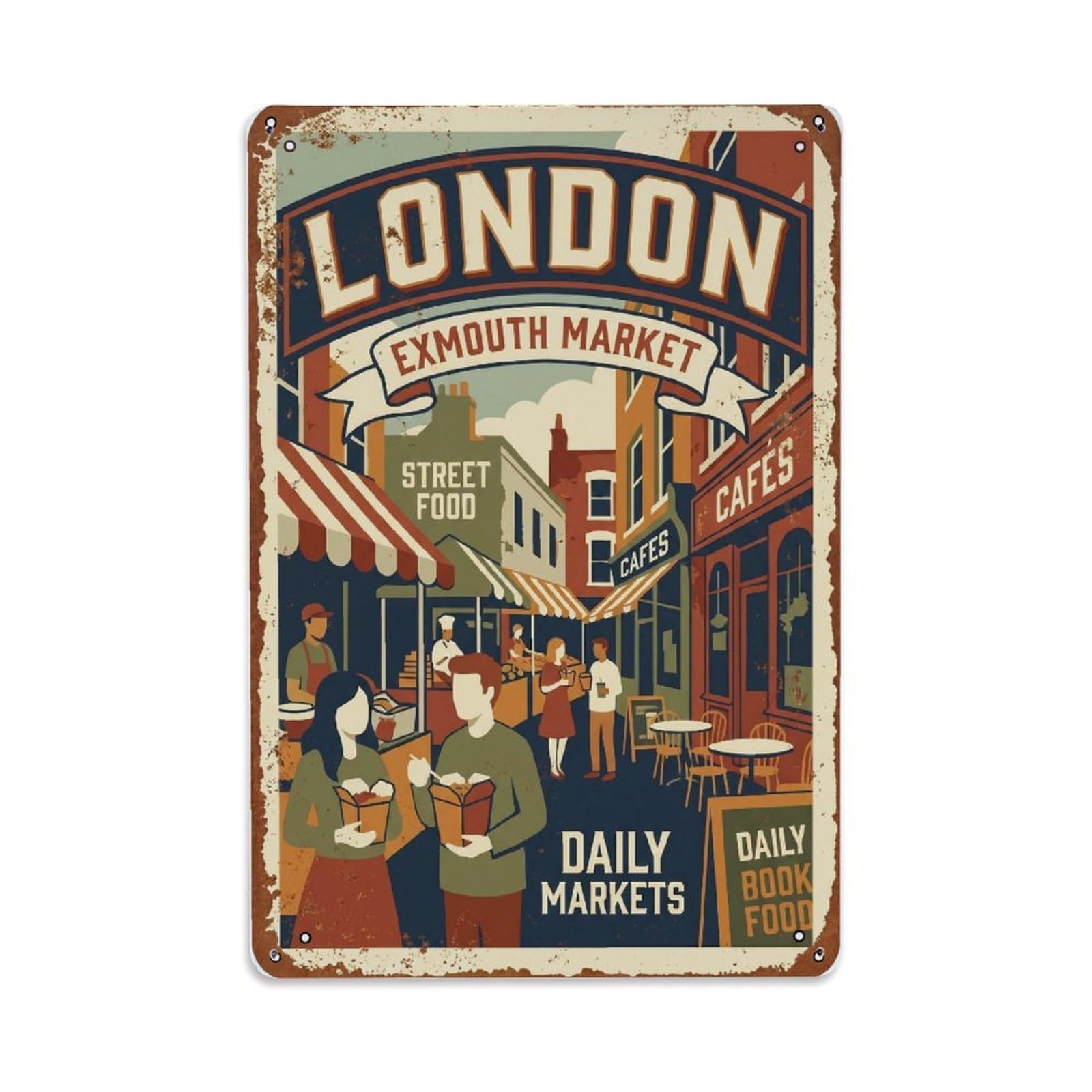 Vintage Travel London Exmouth Market Street Food District Rusted England Metal Tin Sign Plaque Wall Decor for Cafe, Club Bar, Office, Home Garden Metal Poster 8x12Inch