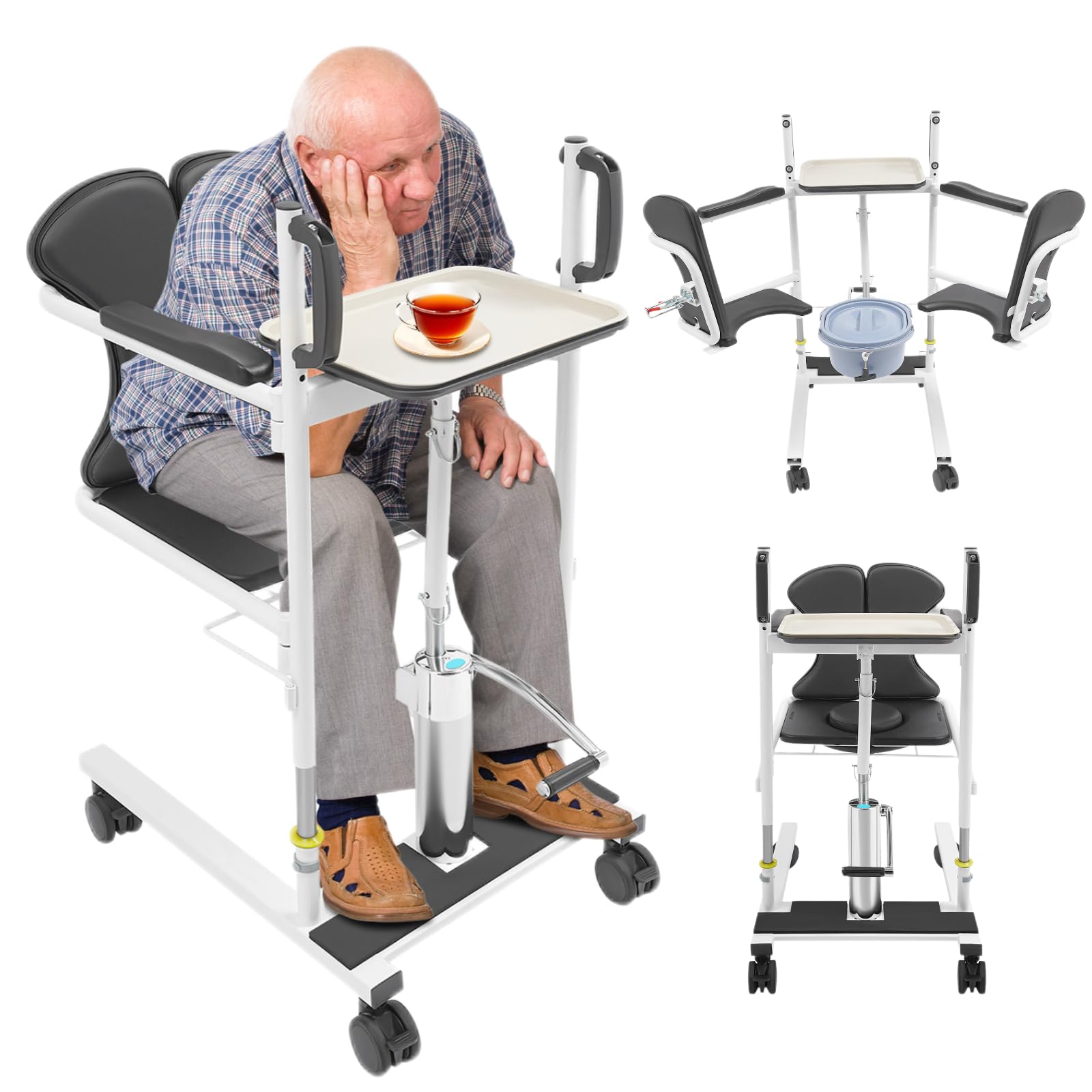 Silla HidráUlica De Transferencia De Pacientes 150kg | Silla GeriáTrica Con Inodoro, Asiento Dividido 180°, Altura Regulable, Para Personas Mayores Y Movilidad Reducida