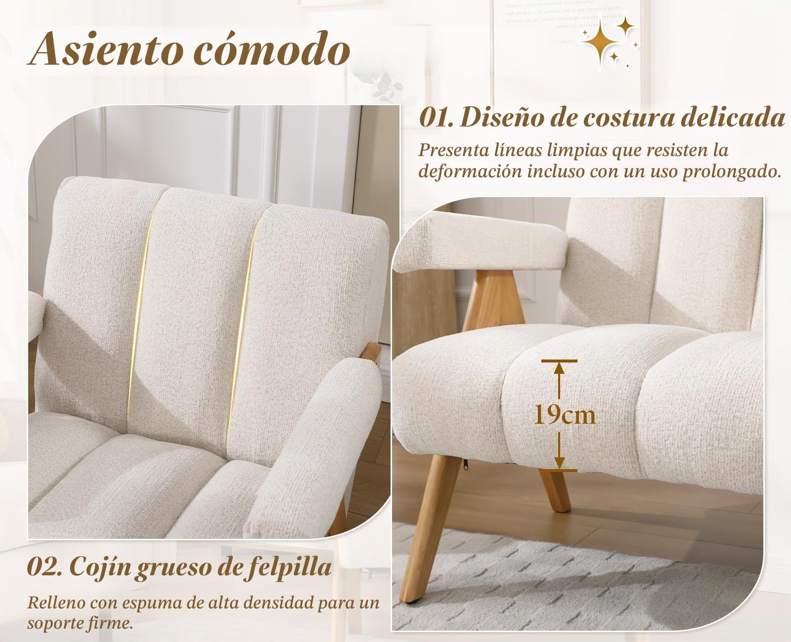chairus Sillón de Chenilla para Salón Sillón Acolchado con Patas de Madera, Silla Relax con Brazos Butaca de Lectura para Sala de Estar/Dormitorio, Avena
