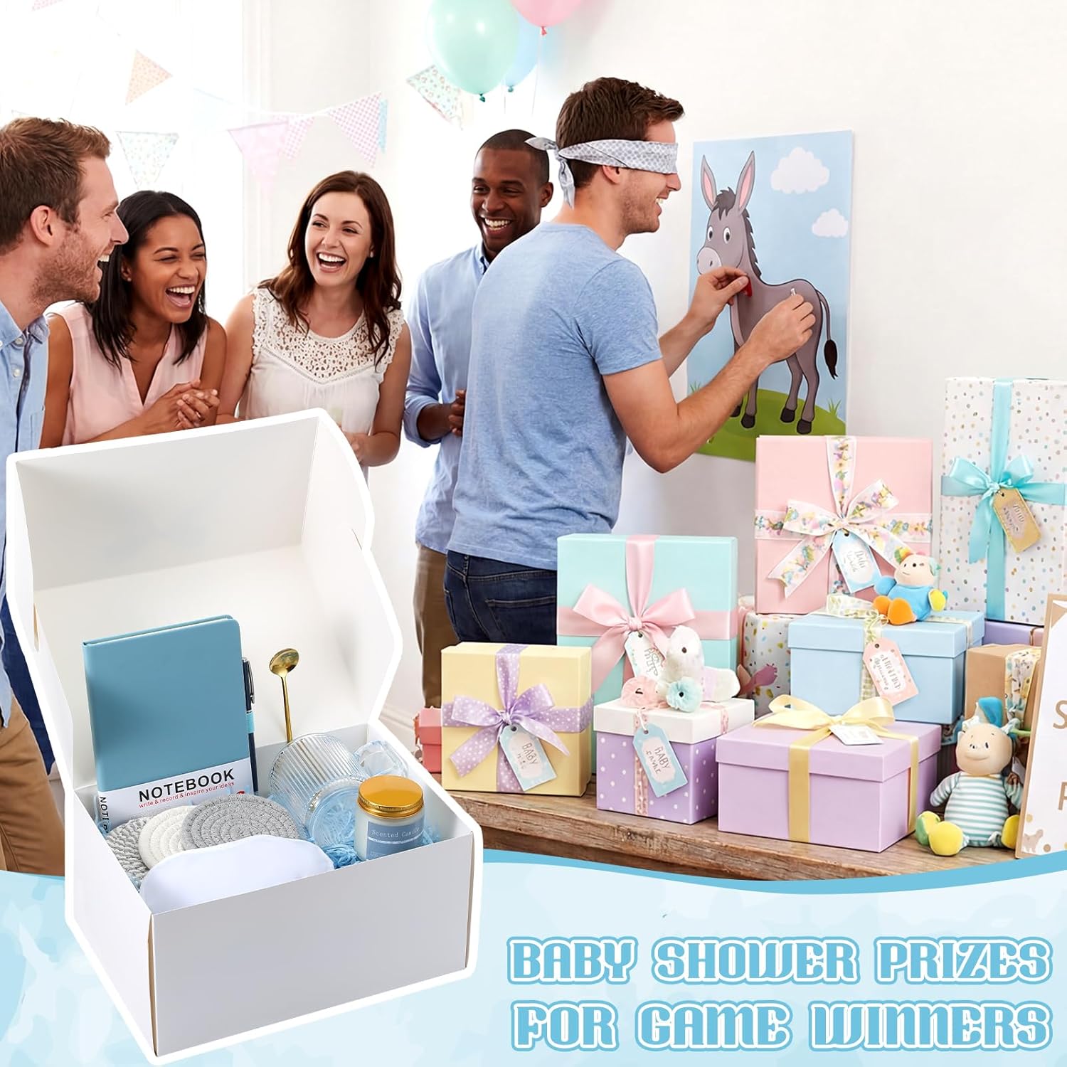 Ctosree 6 Set/48 Pcs Blue Baby Shower Game Prizes for Winners Gift Set Include Notebook Pen Ceramic Mug Spoon Coaster Scented Candle Eye Mask Gift Box for Wedding Bridal Baby Shower Favor for Guest