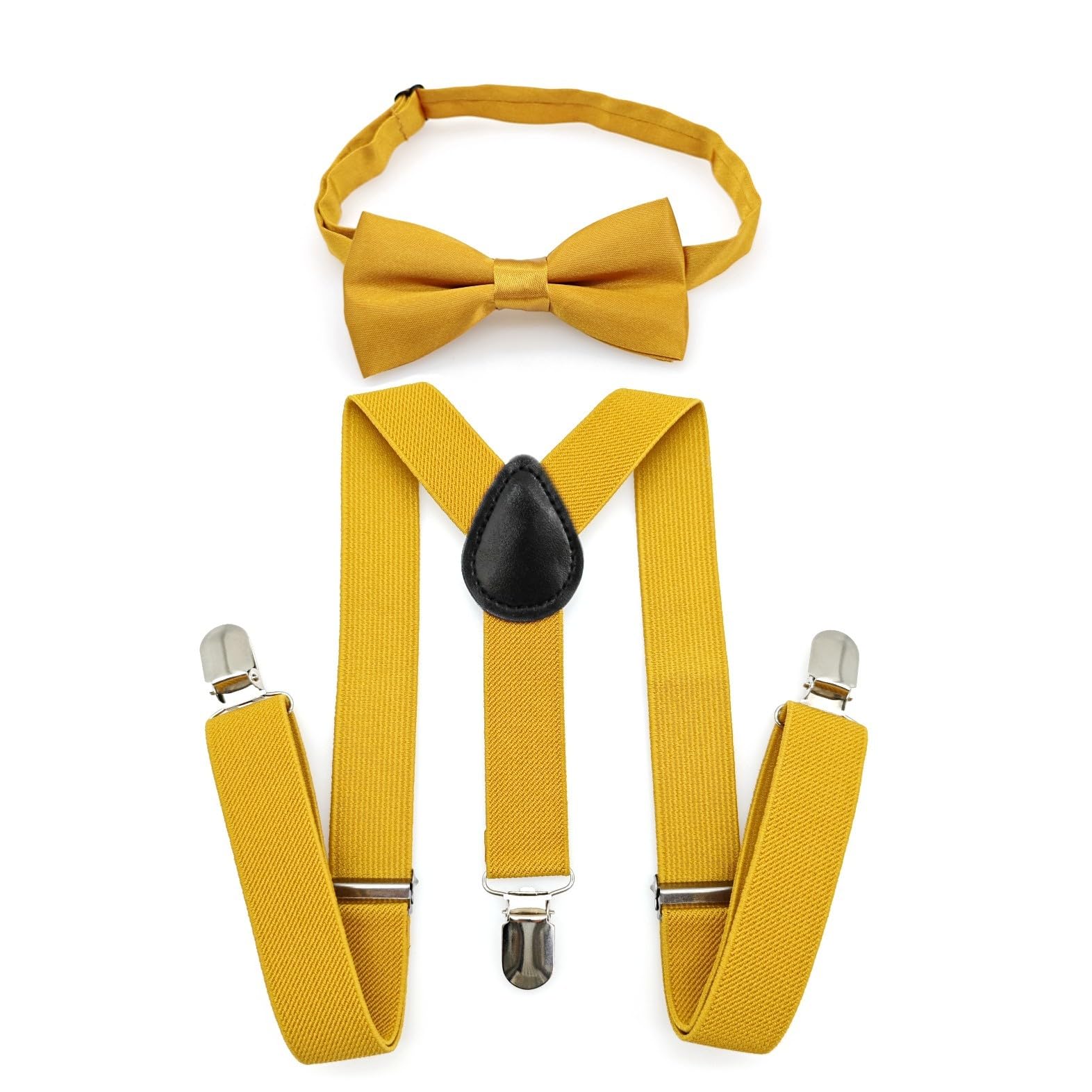 JZK Conjunto de pajarita y tirantes dorados para niños menores de 135 cm, tirantes ajustables en forma de Y con pajarita para niños, niños y niñas, bodas, fiestas, disfraces, dorado, talla única