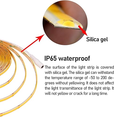 Miniatura 3 de Tira de luz LED COB DC de 12 V, blanco cálido, 3000 K, IP65, impermeable, 16.4 pies (16.4 ft), 1560 LEDs CRI 93+, brillo uniforme, cinta de luces