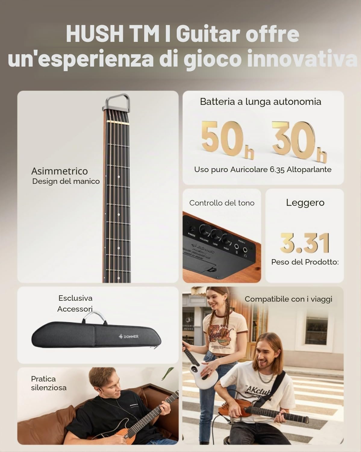 Donner HUSH-I Chitarra da viaggio elettrica acustica portatile, ultraleggera, silenziosa, mogano, borsa