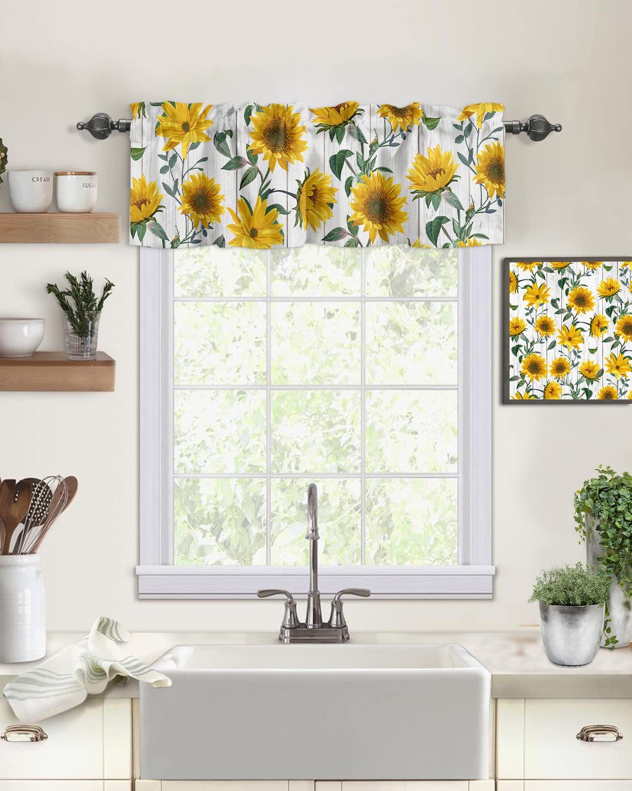 Sunflower Valances Windows Curtain Vintage Yellow Sunflowers Kitchen Curtain Valances Rod Pocket Retro Wooden Window Treatment Short Topper Curtains for Kitchen Bathroom Living Room 1 Panel 54x18 inch