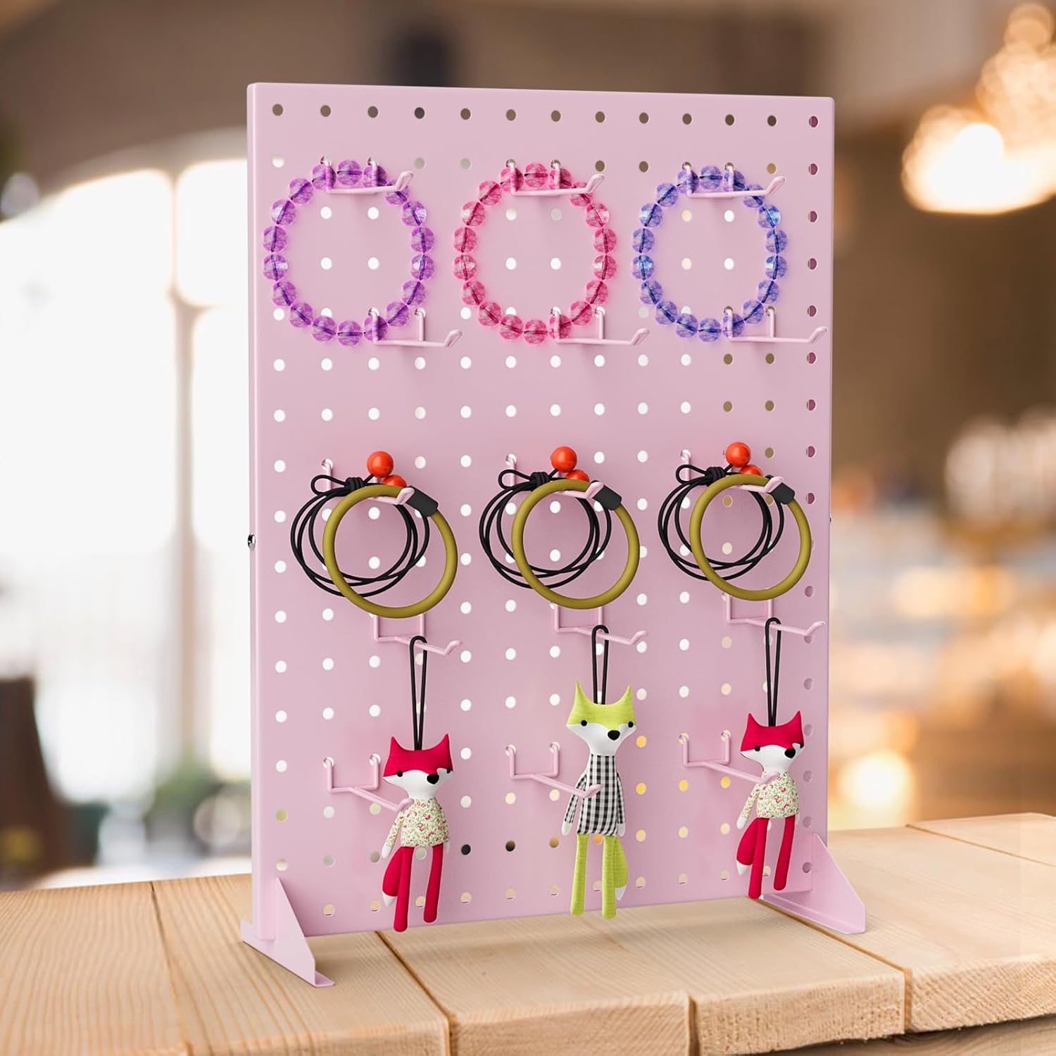 Peg Board Display Stand with 15 Hook,Tabletop Metal Pegboard Shelf for Craft Shows & Fairs,Jewelry and Key Ring Retail Display Racks for Selling Accessories, Vendors & Events (17 X 13 Inch,Pink)