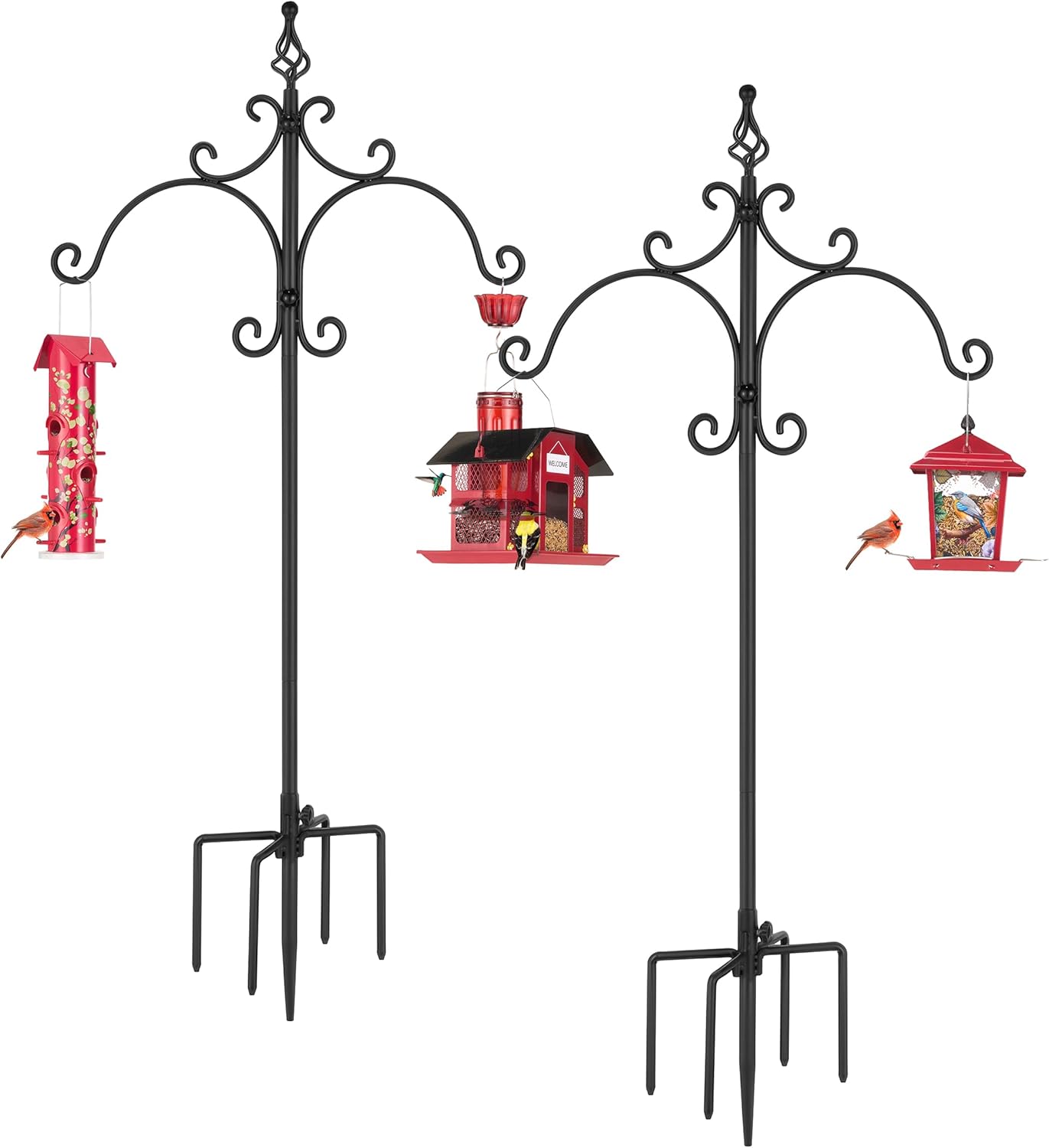 Kingsyard Double Shepherd Hooks for Outdoor - 60" Heavy Duty Decorative Bird Feeder Pole with 5-Prong Base, Adjustable Garden Pole for Hanging Bird Feeders Plants Solar Light Lantern, Black