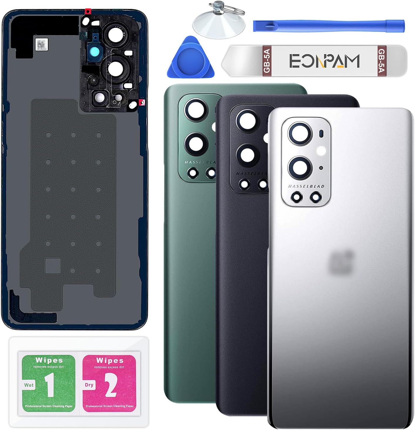 Back Glass Replacement for OnePlus 9 Pro Back Cover Rear Housing with Camera Lens + Repair Tool Kit Genuine Rear Glass (Silver)