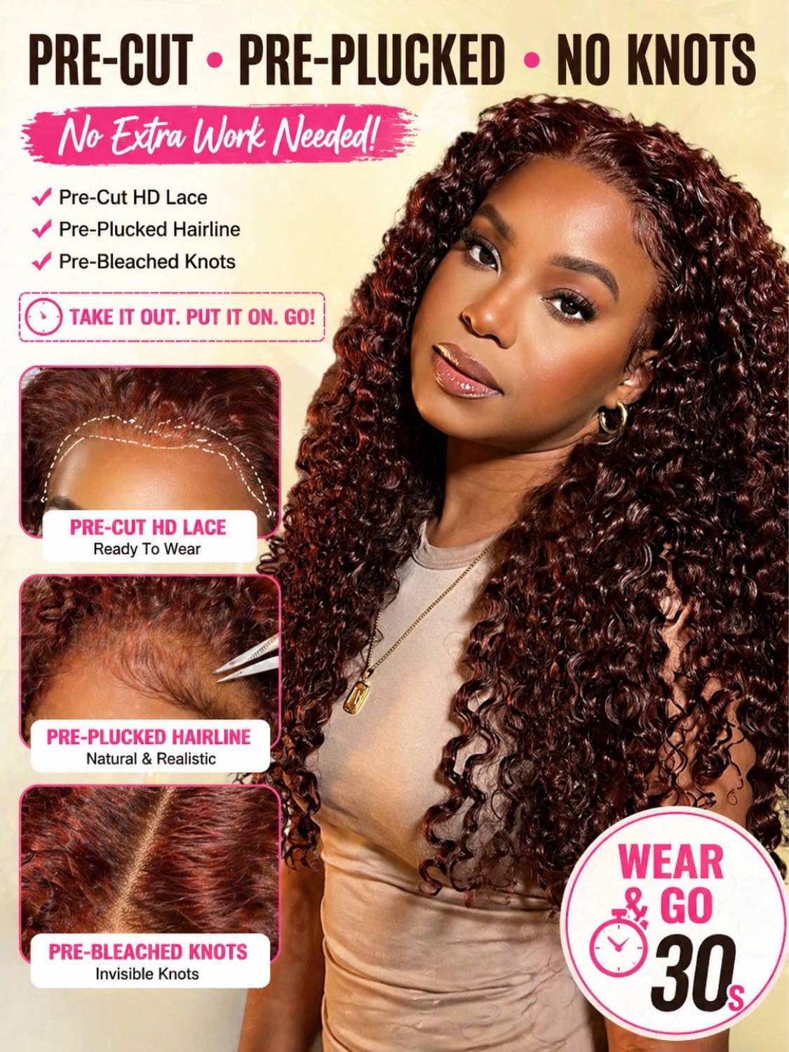 Beauty Forever Curly Glueless Wig Human Hair Wear and Go Pre Cut HD Lace Front Wig Pre Plucked Bye Bye Knots with Drawstring Cap Reddish Brown 33B Curly Wig for Beginners 150% Density 22inch