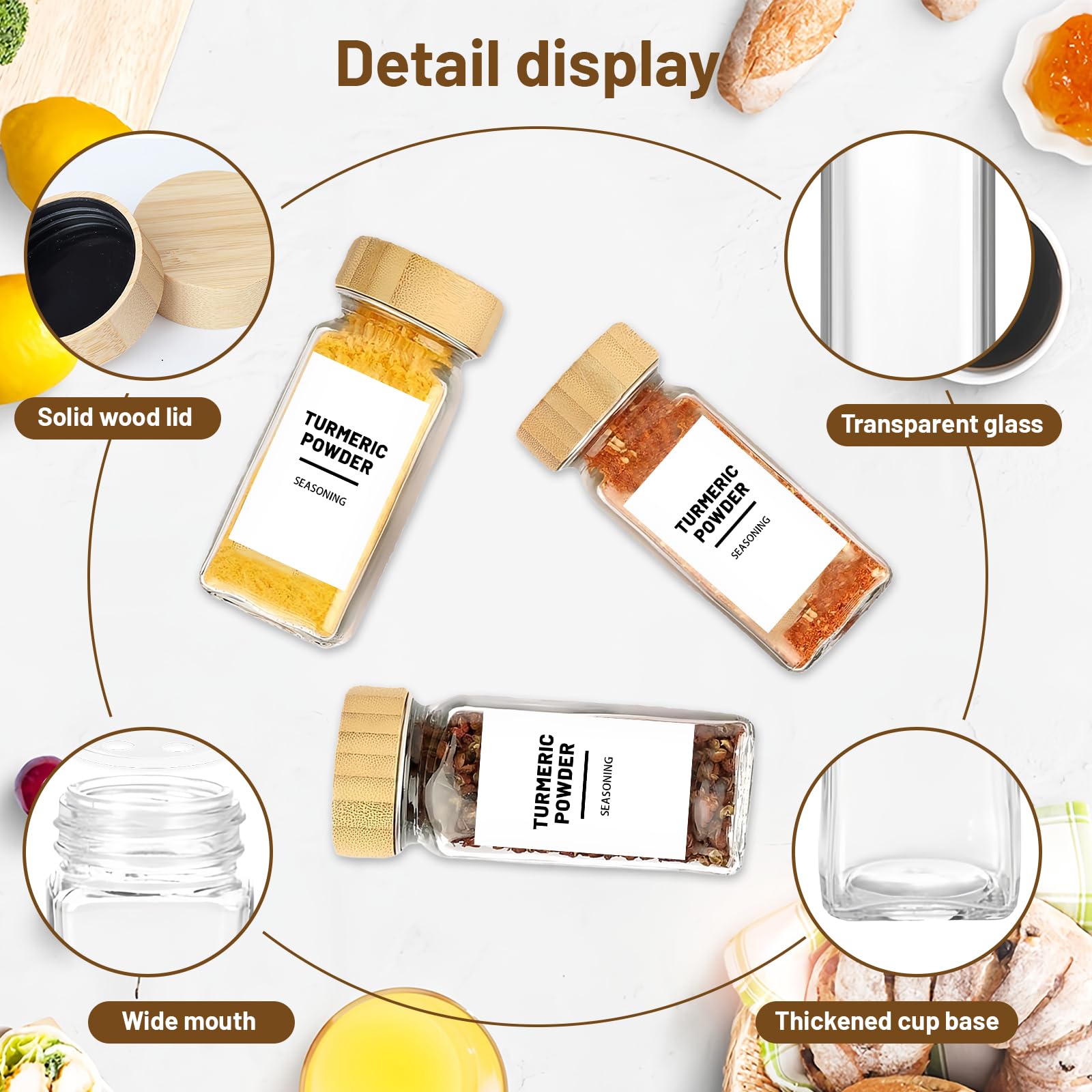 Eidoct Lot de 24 pots à épices en verre avec couvercle en bois - 120 ml - Avec couvercles et étiquettes - Convient pour les restaurants et la maison - Chaque lot comprend un pinceau, un marqueur pour