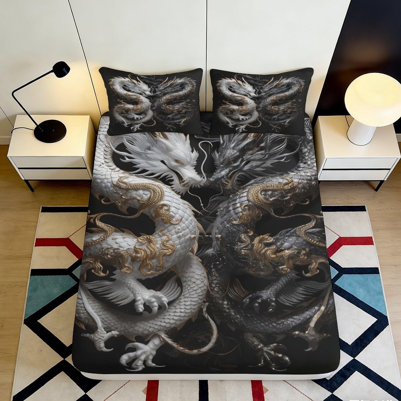 Dhbaneiok Style-7 3D Printed Golden Dragon Fitted Sheet Microfiber Soft Black Silver Asian Art Mattress Cover For Bedroom Dorm Decor 90X200x25cm