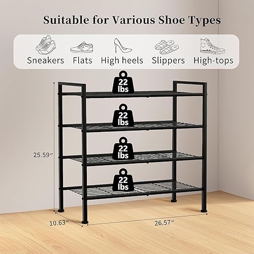 Miniatura 3 de Zapatero de 4 niveles, estante organizador de almacenamiento de zapatos simple de metal para armario, entrada, dormitorio, garaje (negro, 4 niveles)