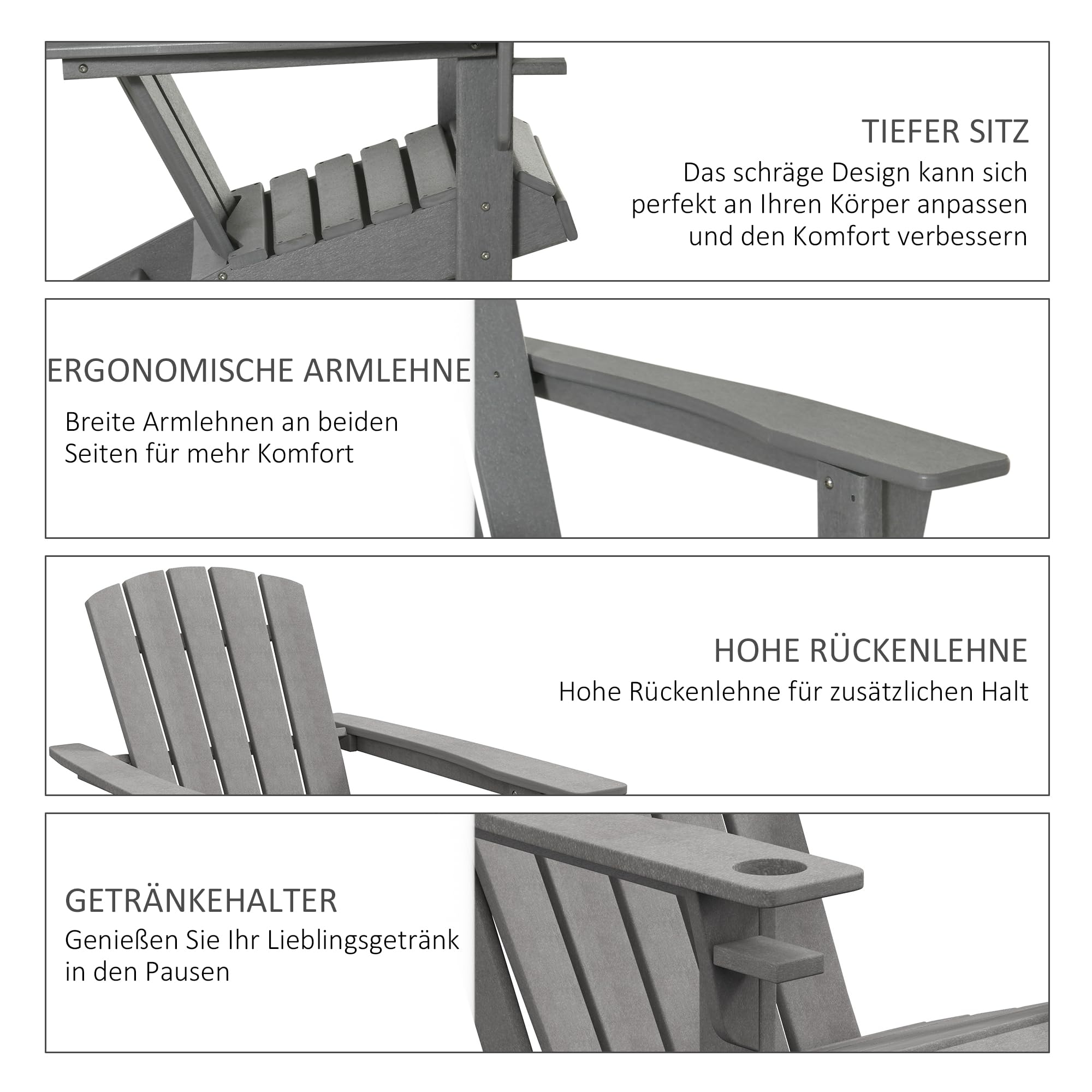 Outsunny Gartenstuhl mit Getränkehalter, Terrassenstuhl, Gartensessel, Gartenmöbel, Balkonstuhl, Adirondack, Grau, HDPE, 75 x 87 x 90 cm