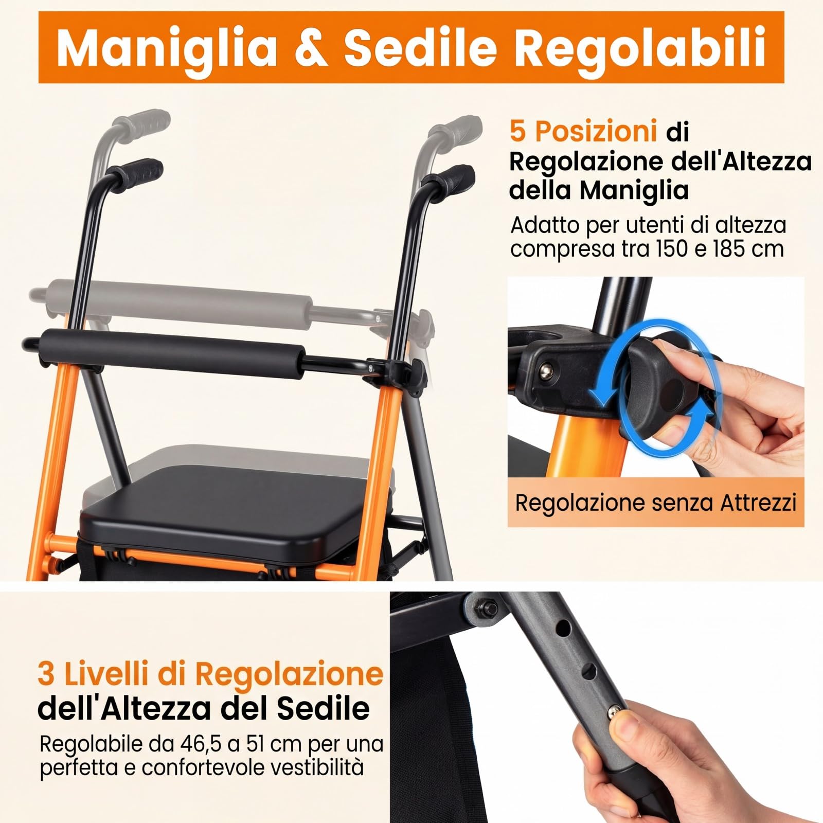 COSTWAY Deambulatore per Anziani Pieghevole 2 in 1 con Seduta a 3 Livelli | Rollator Portatile con Sacchetti Portaoggetti e Impugnatura Ergonomica da Interno ed Esterno