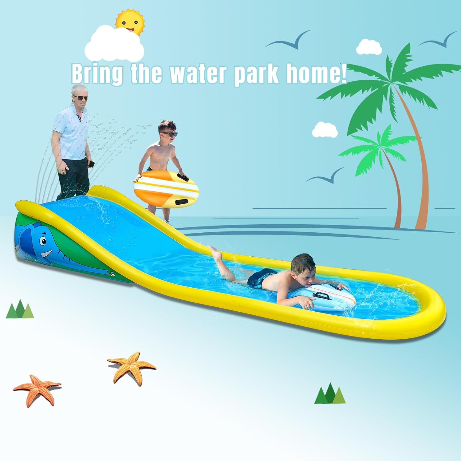 Inflatable Water Slide with Sprinkler for Kids,15FT waterslide with 2 Inflatable Surf Riders and Built-in Sprayer for Ages 6 and Up Backyard Summer Sprinkler and Splash Water Toy Outdoor Fun