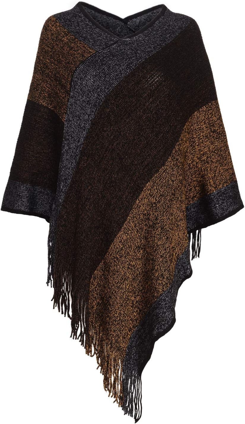 Women's Elegant Knitted Shawl Poncho with Fringed V-Neck Striped Sweater Pullover Cape Gifts for Women Mom