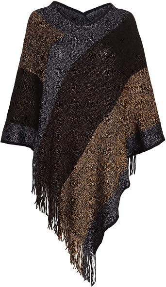 Womens Elegant Knitted Shawl Poncho with Fringed V-Neck Striped Sweater Pullover Cape Gifts for Women Mom