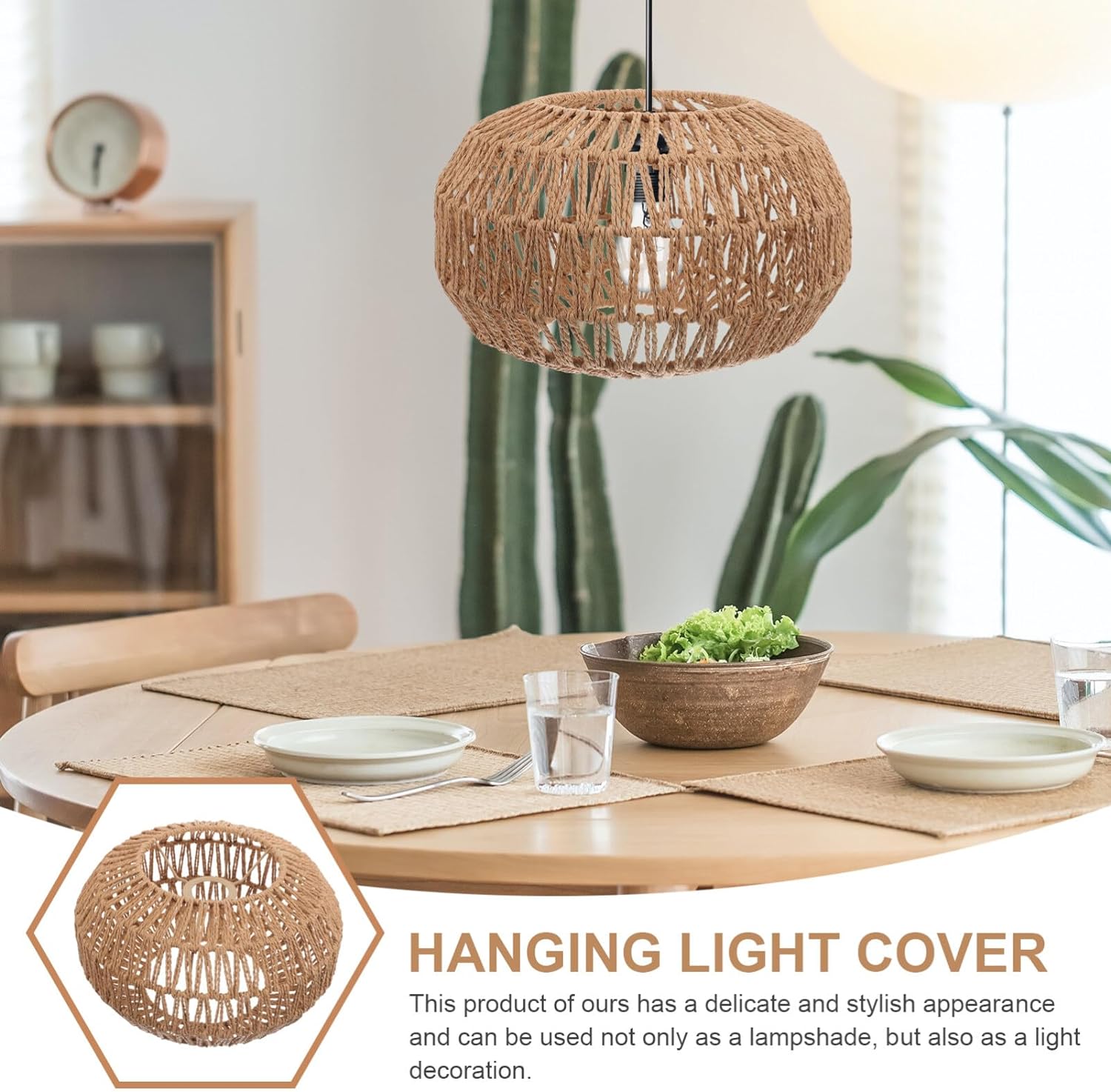 GANAZONO Woven Paper Rope Lamp Shade Simulation Rattan Pendant Light Shade Replacement Ceiling Covers for Pendant Floor Table Lamps Drawing Room Bedroom Kitchen Office Hotel Compatible with Bulb E27