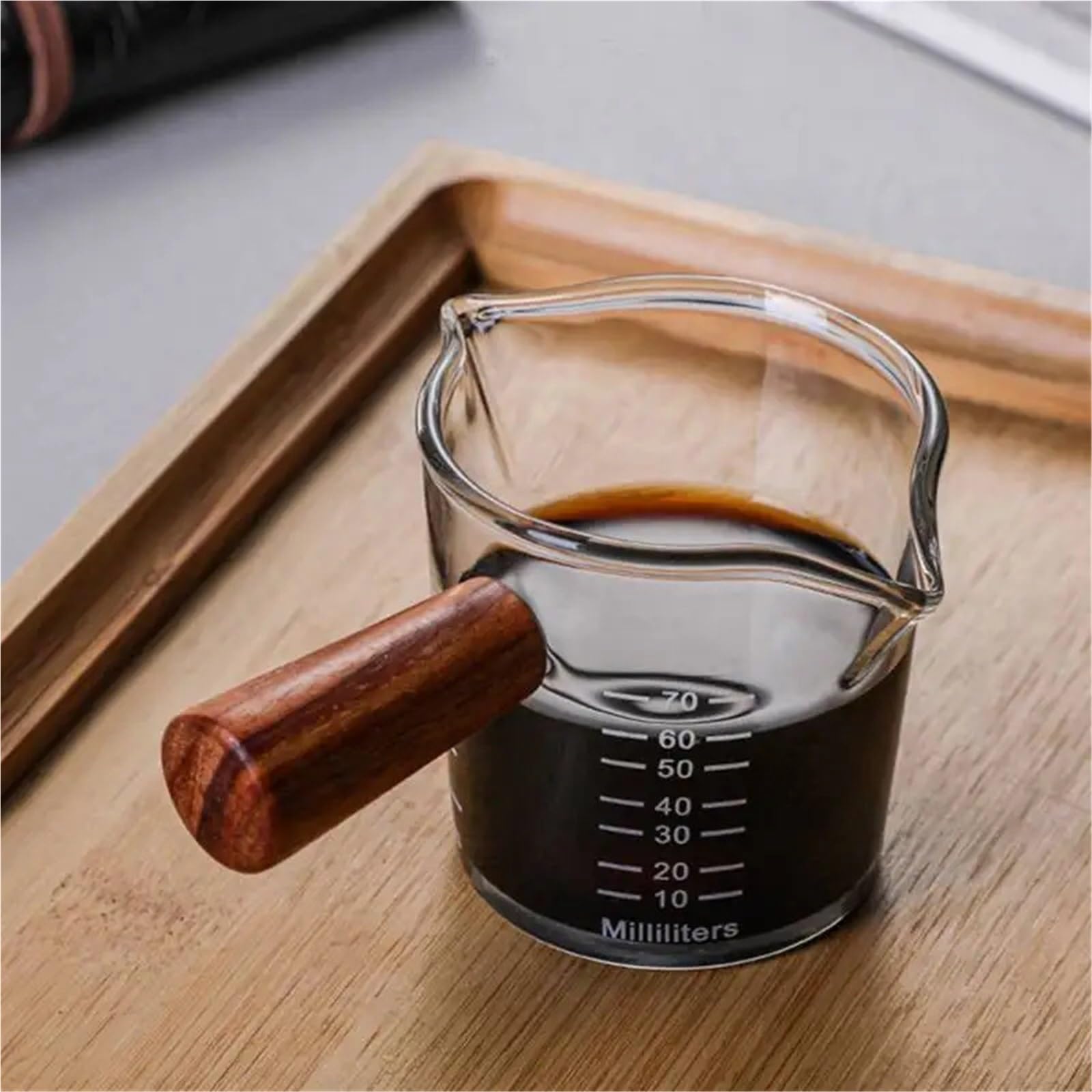 Taza medidora de café expreso con mango madera, jarra leche doble/boca única, tazas medidas a escala, 2 uds para Latte Art(Transparent A-70ml)