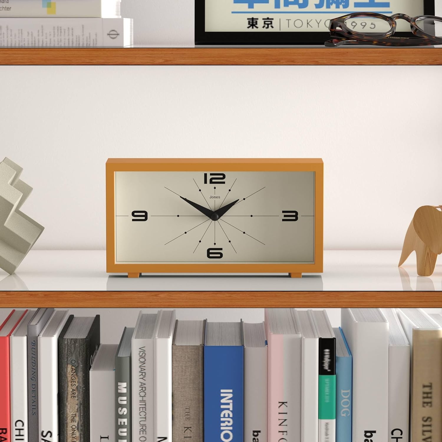 JONES CLOCKS® Odeon Desk Clock | Modern Rectangular Design | Mustard Yellow | Stylish Retro Look for Shelf, Table, Mantel or Bedside